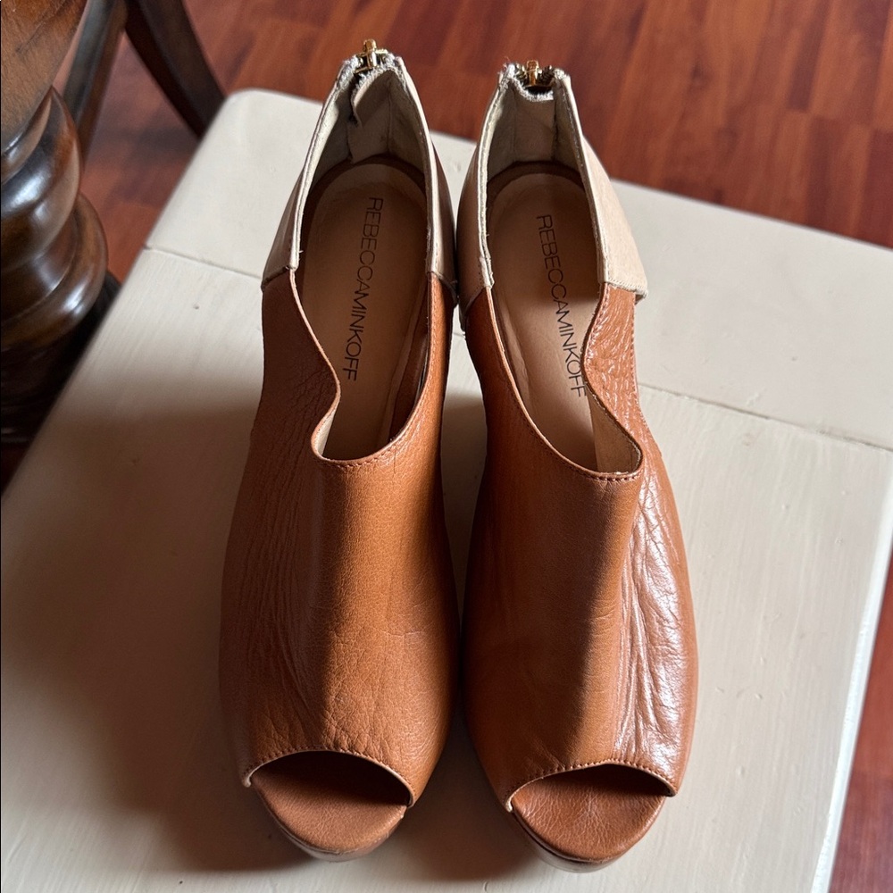 Rebecca Minkoff Brown Peep Toe Mules 7.5 wedge sandals heels